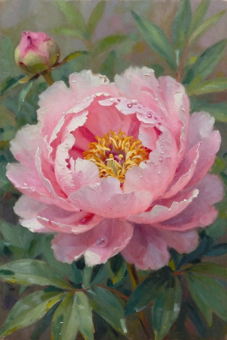 Pink peony in bloom with dew drops, yellow stamens, and green leaves in oil painting.
