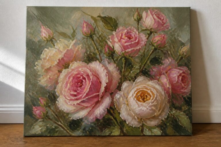 20 Gorgeous Botanical Garden Oil Painting Ideas Using Rich Floral Detail Oil painting of pink, white, and cream roses with green leaves on canvas