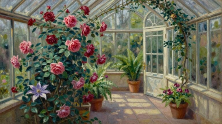 20 Gorgeous Botanical Garden Oil Painting Ideas Using Rich Floral Detail An oil painting of a greenhouse interior with pink roses arching overhead, potted plants on a tiled floor, and an open door showing greenery outside.
