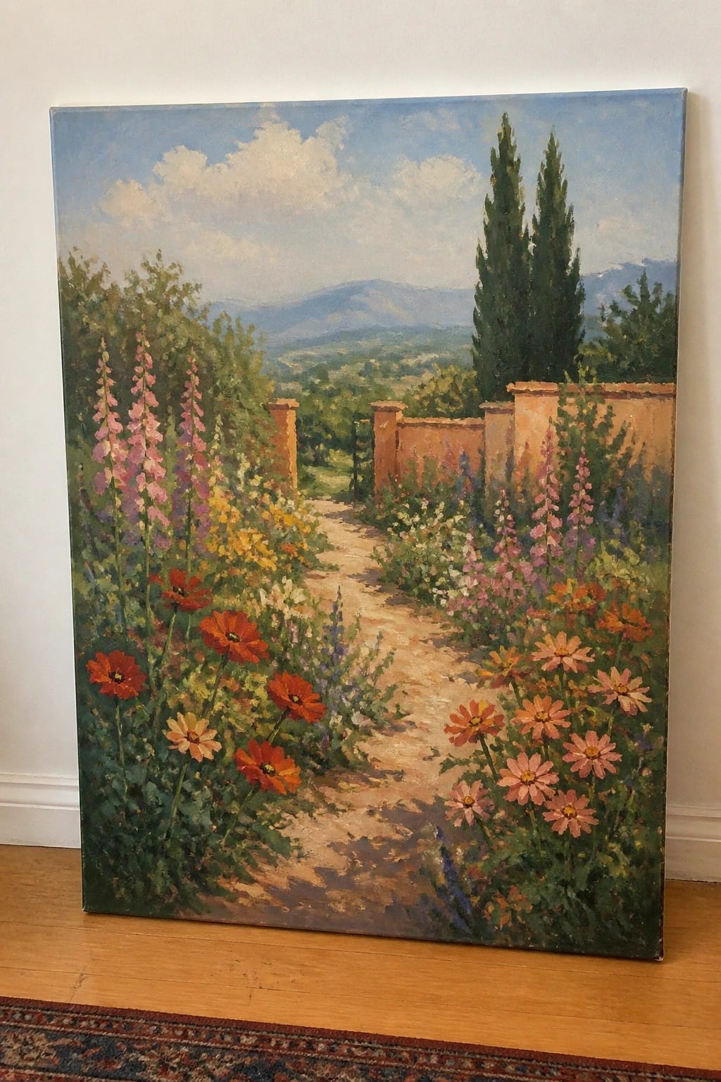 Vibrant garden path lined with colorful flowers, stone walls, and distant mountains.