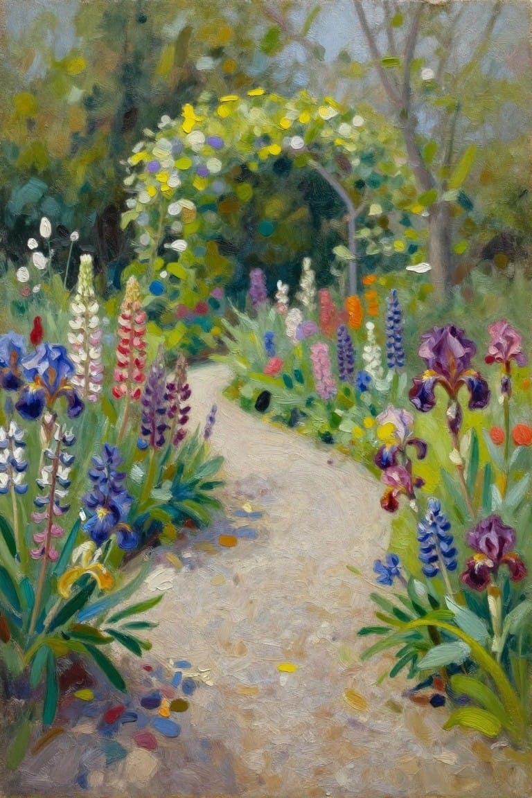 Colorful flowers border a winding path in a lush garden painting.