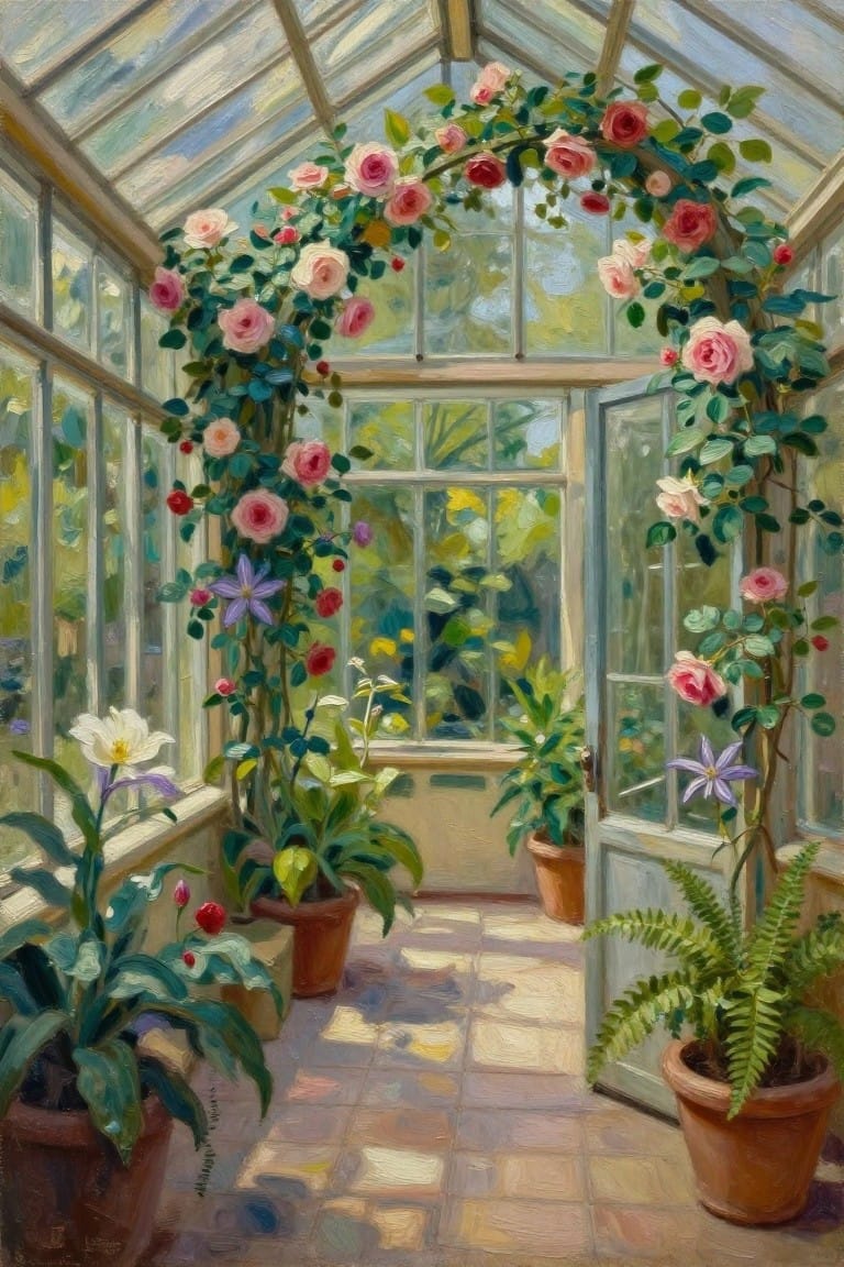 An oil painting of a greenhouse interior with pink roses arching overhead, potted plants on a tiled floor, and an open door showing greenery outside.