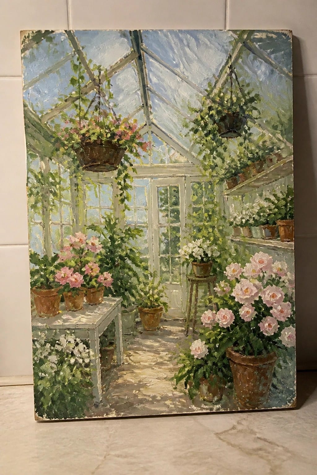 Sunlit greenhouse with hanging baskets, potted pink roses, shelves, and glass roof.