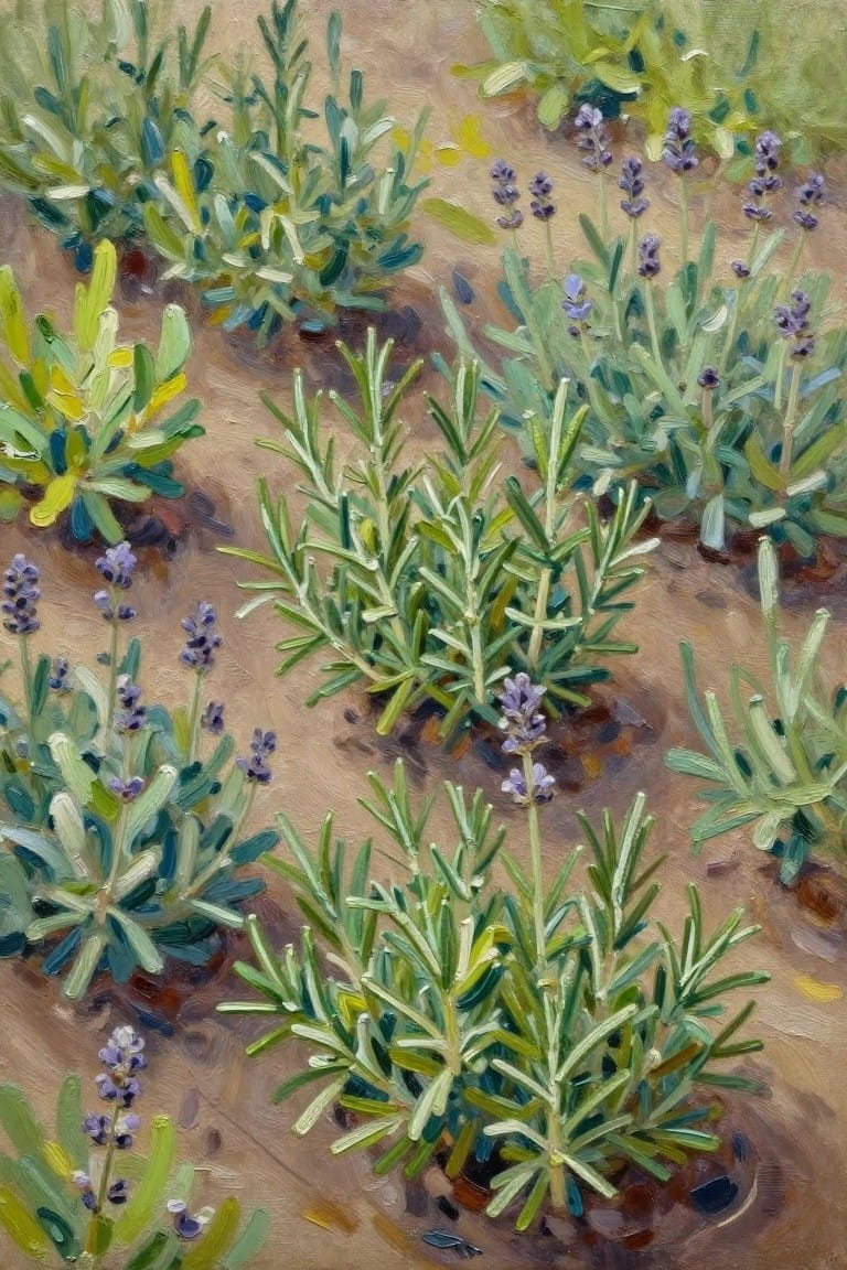 Impressionist painting of green lavender bushes with purple flowers in brown soil