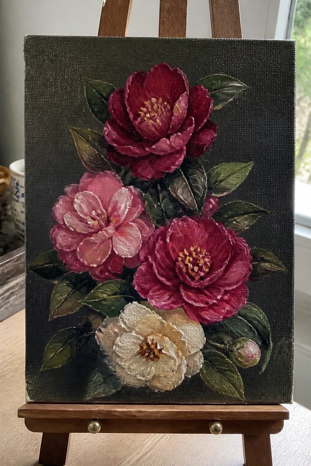 Red, pink, and white camellias with green leaves on dark canvas atop wooden easel.