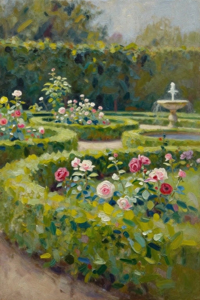 An oil painting of a garden with many pink and red roses in the foreground and a stone fountain visible in the background.