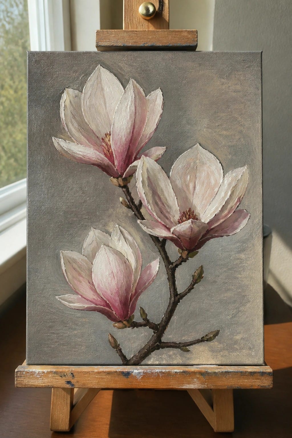 Pink and white magnolia blossoms on gray canvas atop wooden easel
