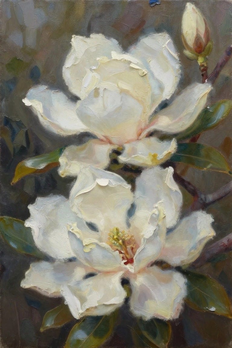 Oil painting of large white magnolia flowers with green leaves and a bud.