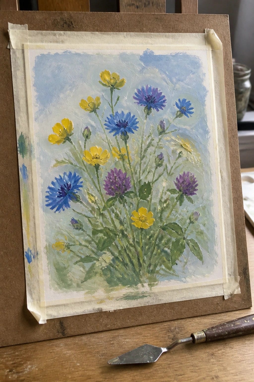 Colorful wildflower painting taped to board with palette knife on wooden table.