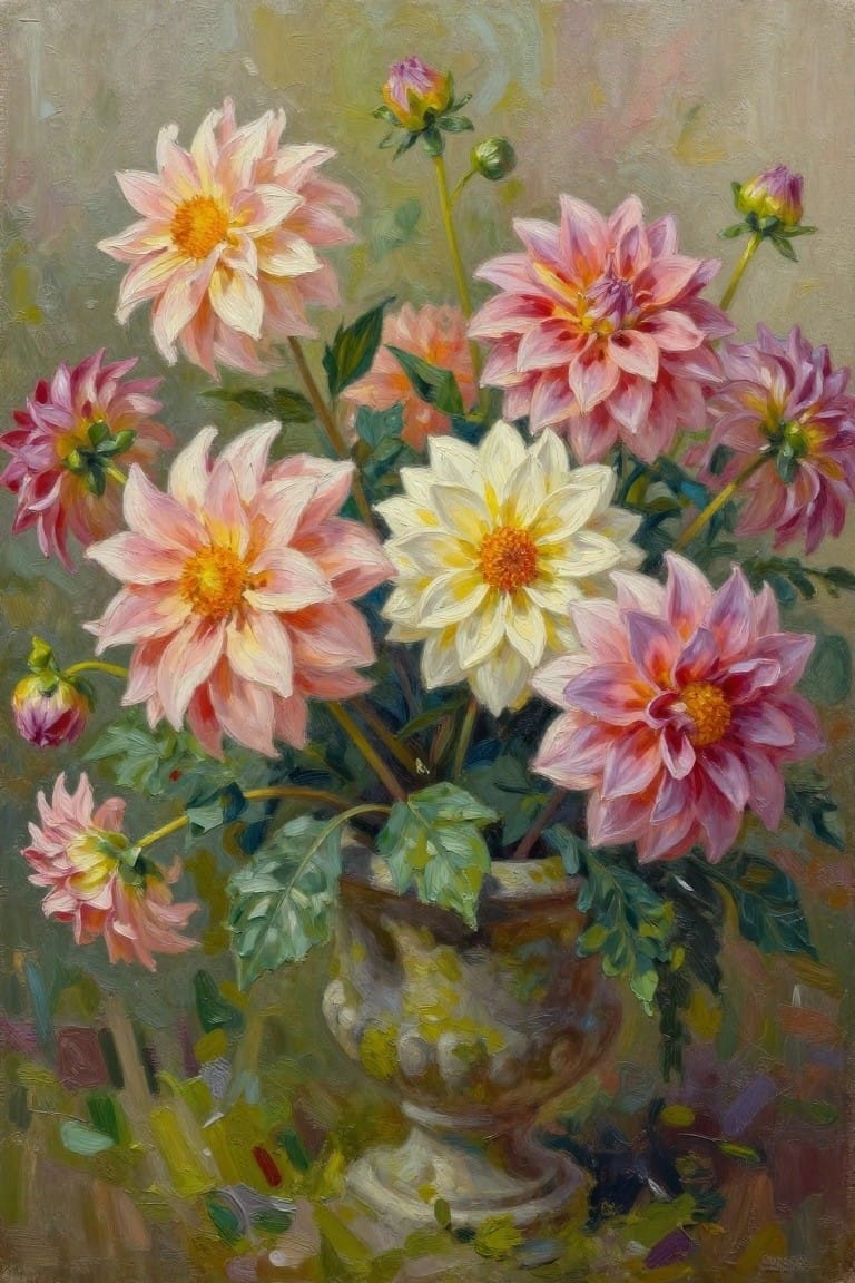 Vibrant pink, white, and yellow dahlias in an ornate vase with green leaves