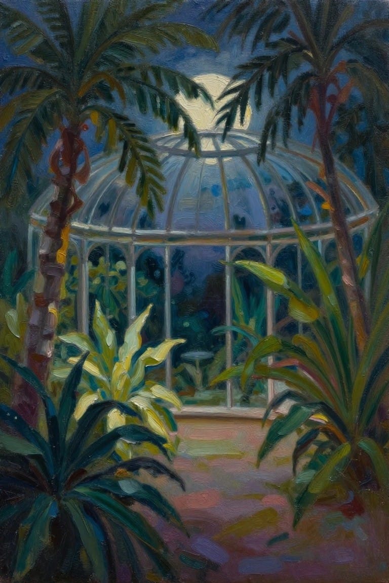 Moonlit glass conservatory amid lush palm trees and tropical plants at night.