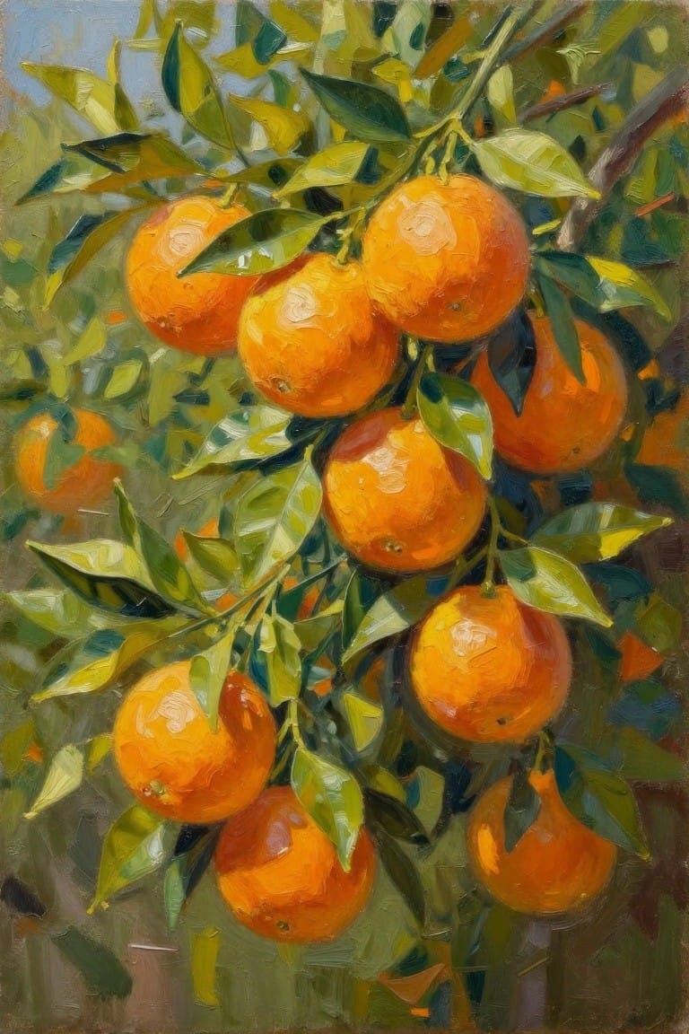 Ripe oranges hanging among green leaves on branches in a vibrant painting.