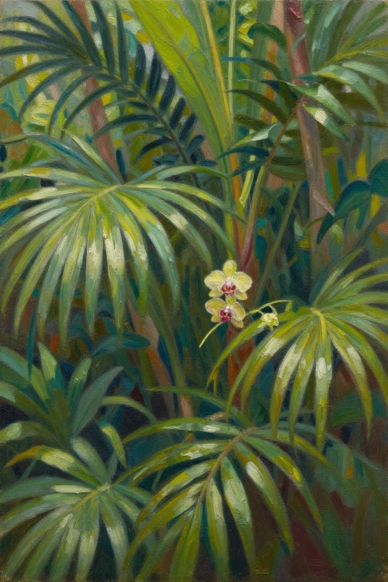 Lush green palm fronds frame delicate yellow orchids with pink centers in dense jungle foliage.