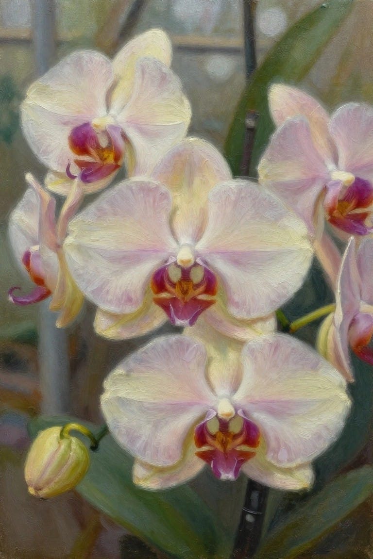 An oil painting of several white orchids with purple and yellow centers clustered on stems against a soft background.