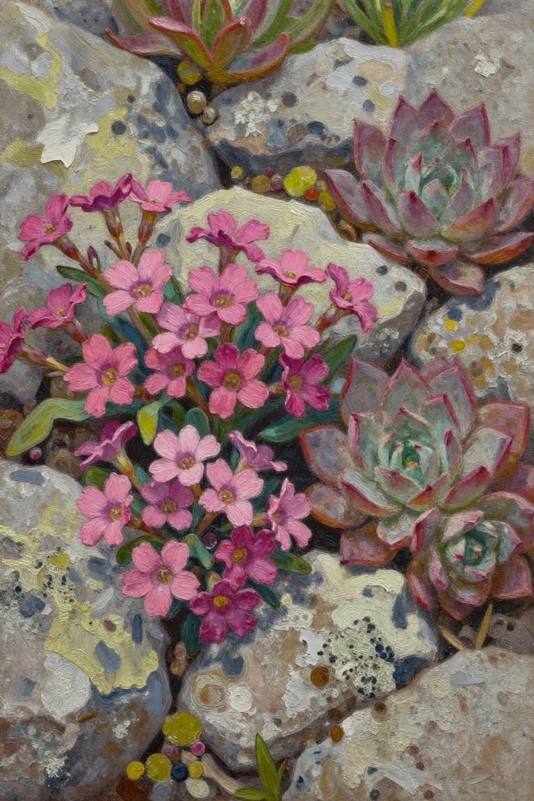 Pink flowers and succulents growing amid gray rocks in oil painting.