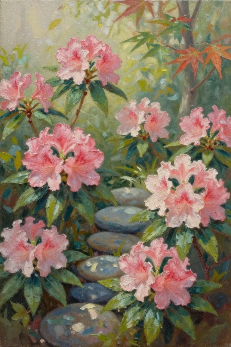 Pink azaleas line a winding path of gray stepping stones amid green foliage