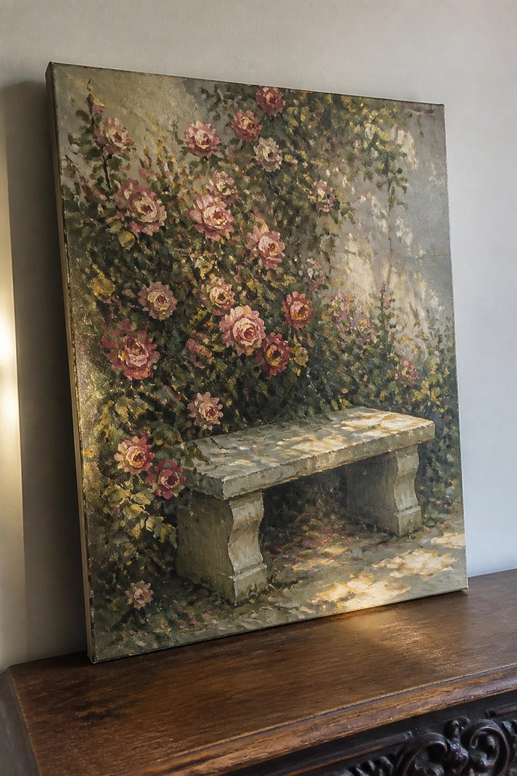 Stone bench amid blooming pink roses in impressionist garden painting on wall