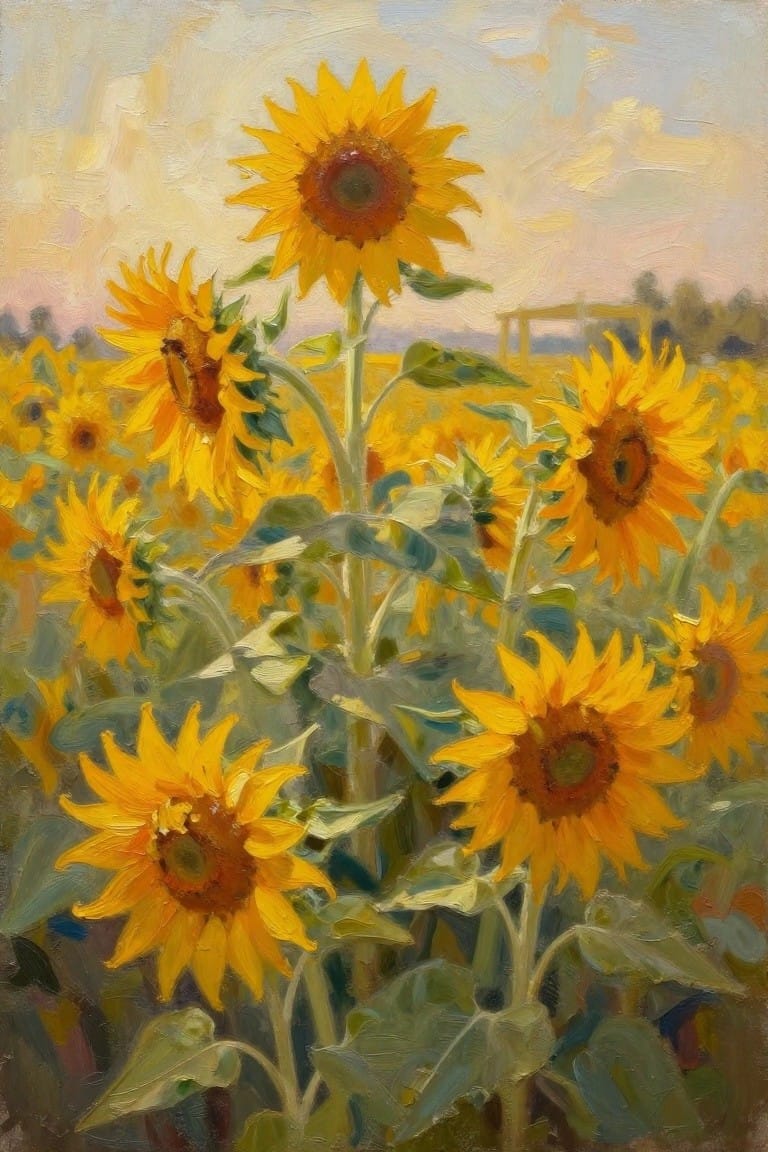 An oil painting of many yellow sunflowers with green leaves growing in a field under a pale sky.