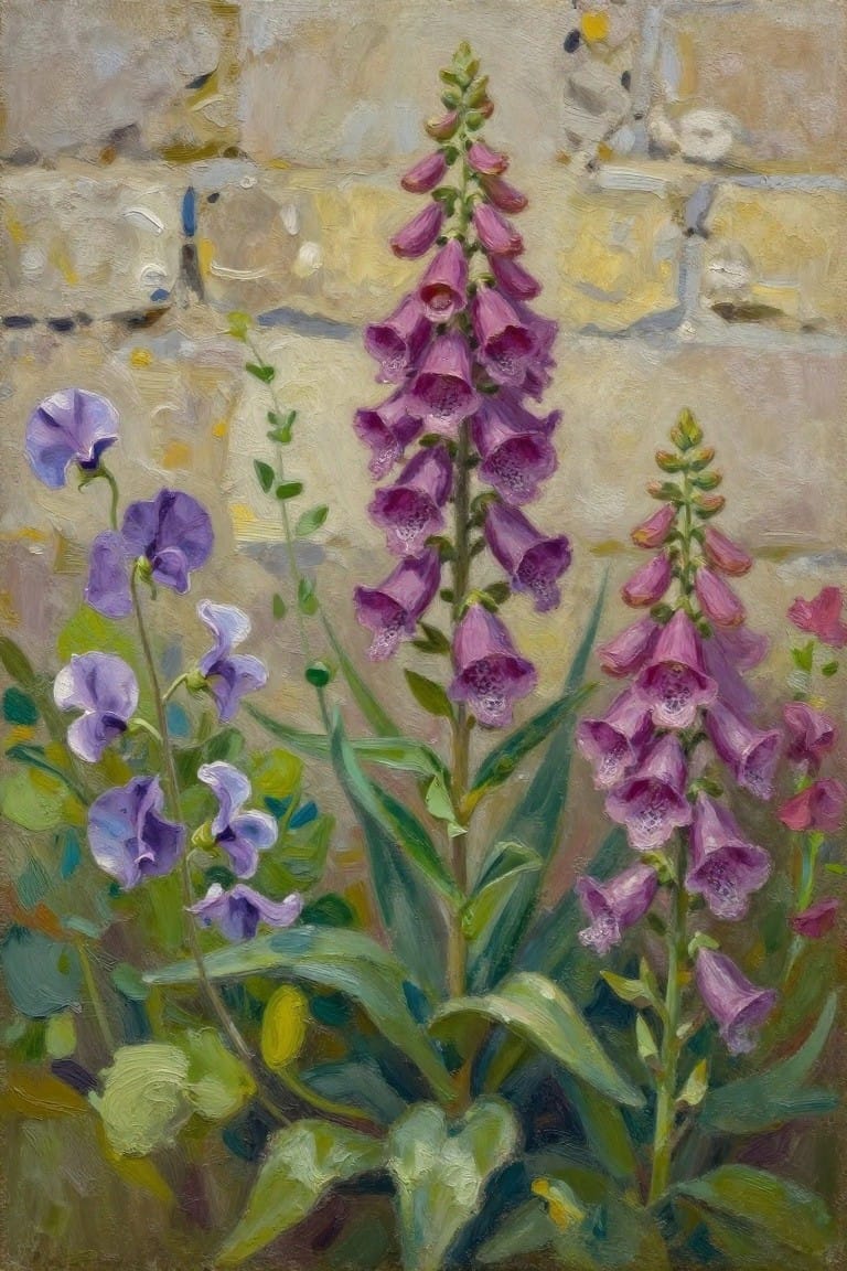 Tall purple foxgloves and smaller blooms with green leaves in textured painting