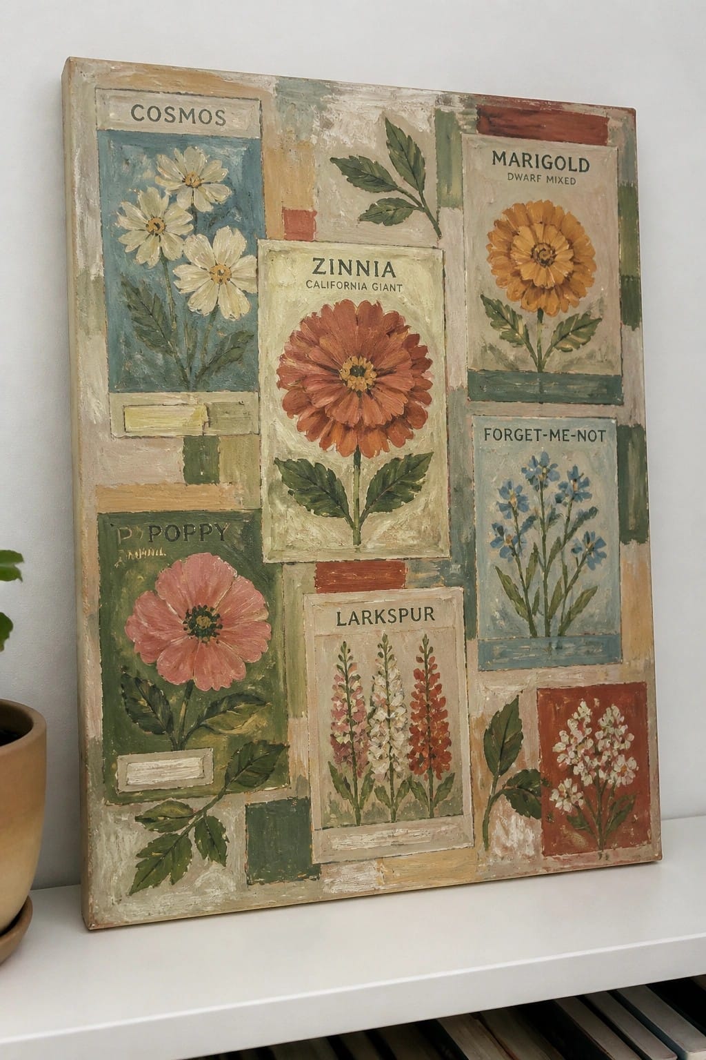 Vintage painting of illustrated seed packets for cosmos, zinnia, marigold, poppy, and larkspur.