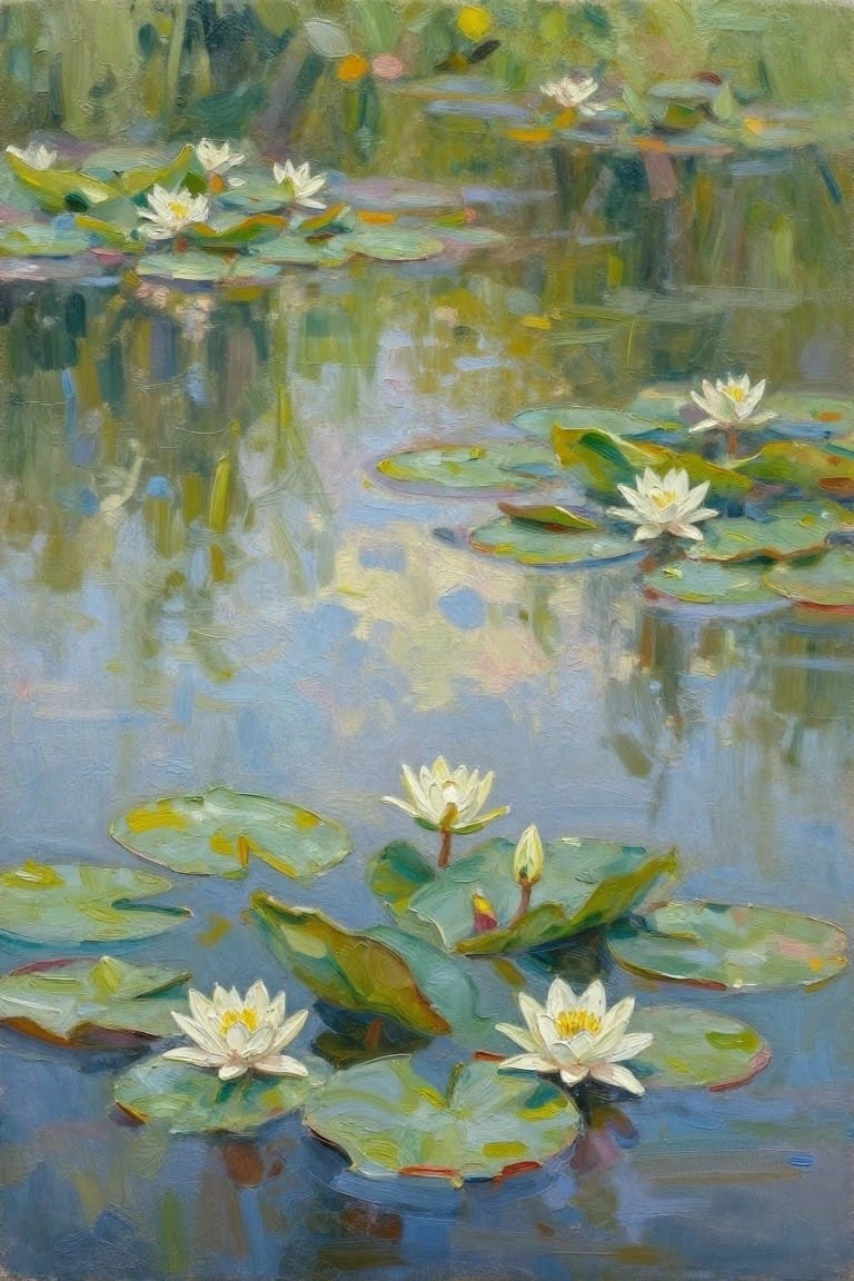 Impressionistic painting of white water lilies and green pads on a blue pond.