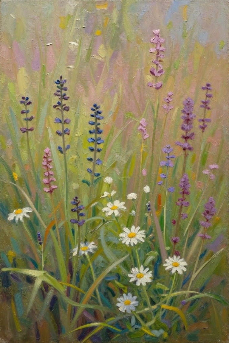 Impressionistic painting of white daisies and purple wildflowers in a meadow