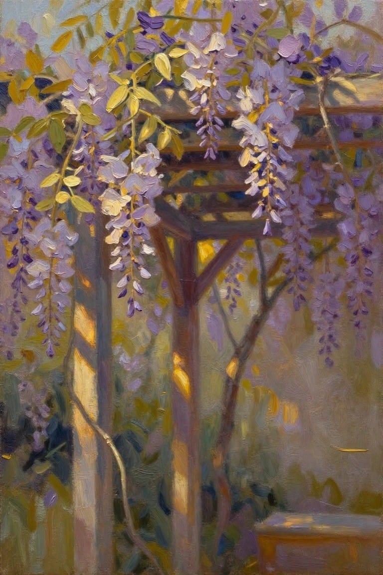Purple wisteria blooms cascading from wooden pergola in dappled sunlight, impressionist painting.