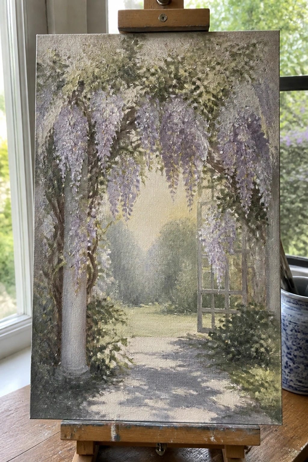 Impressionist painting on easel of purple wisteria arching over sunlit garden path with gate
