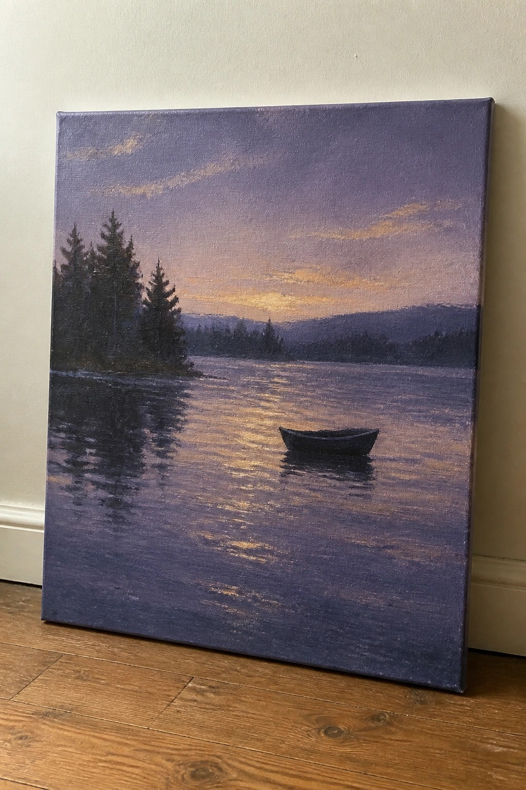 Oil painting of lone boat on reflective purple lake at sunset with pine trees.