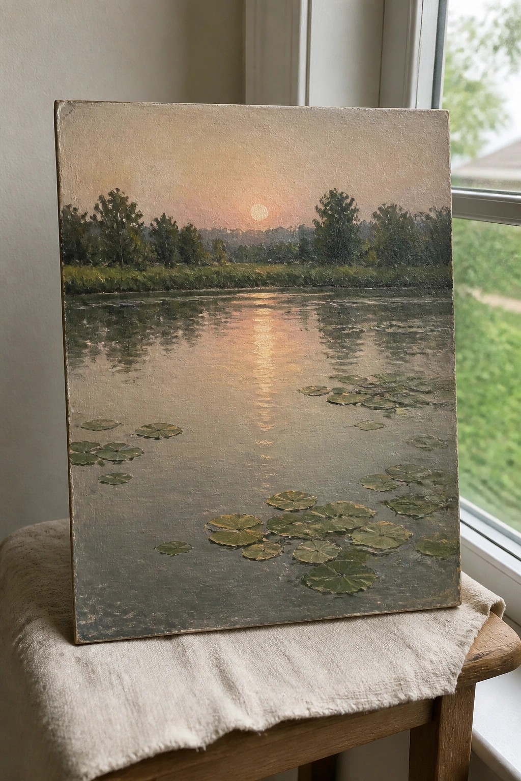 Oil painting of sunset over lily pad pond leans on cloth-covered stool by window.