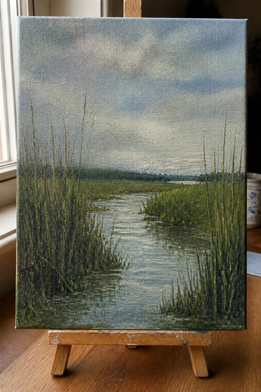 Landscape painting of marshy waters and tall grasses on wooden easel