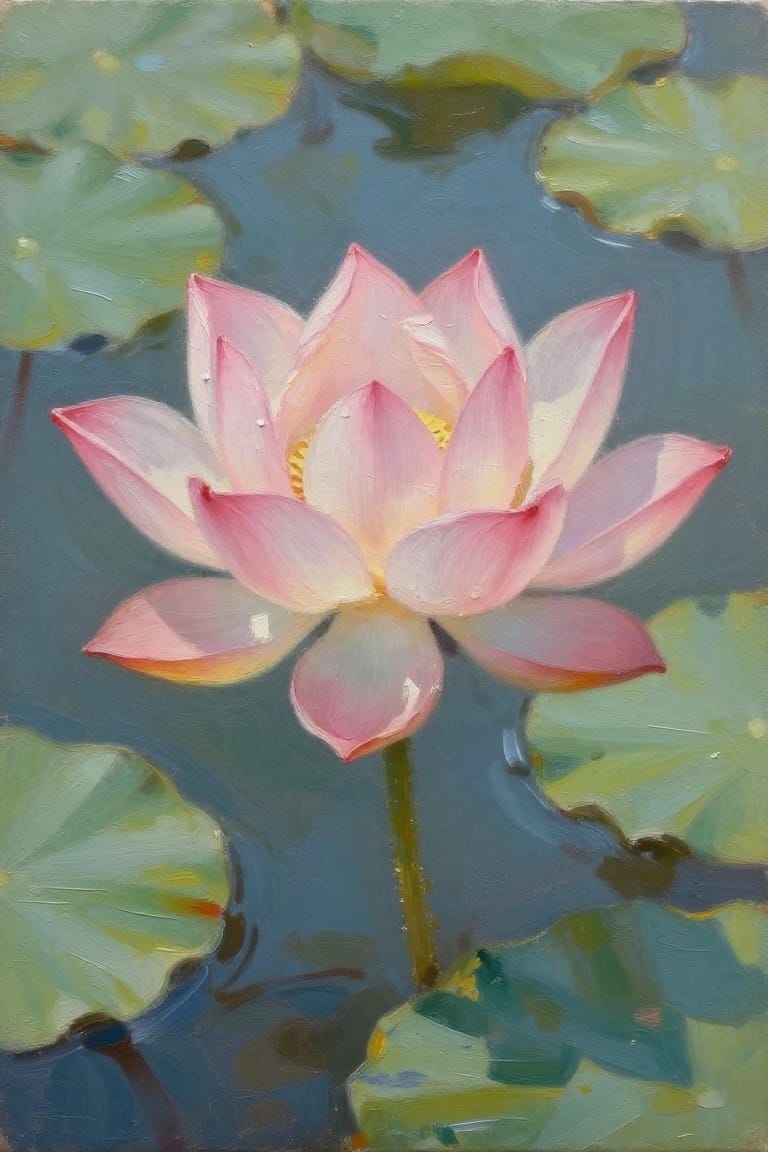 An oil painting of a pink lotus flower floating on blue water with green lily pads around it.
