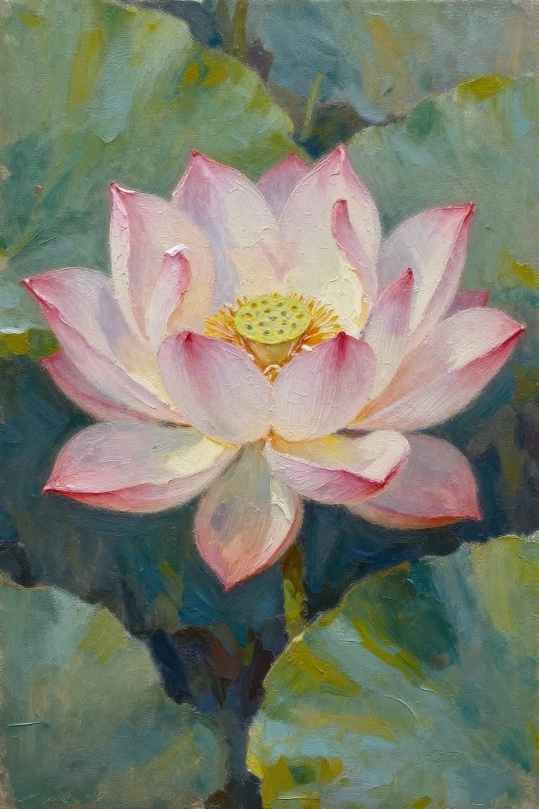 Pink lotus flower blooming with yellow center amid lush green leaves in oil painting