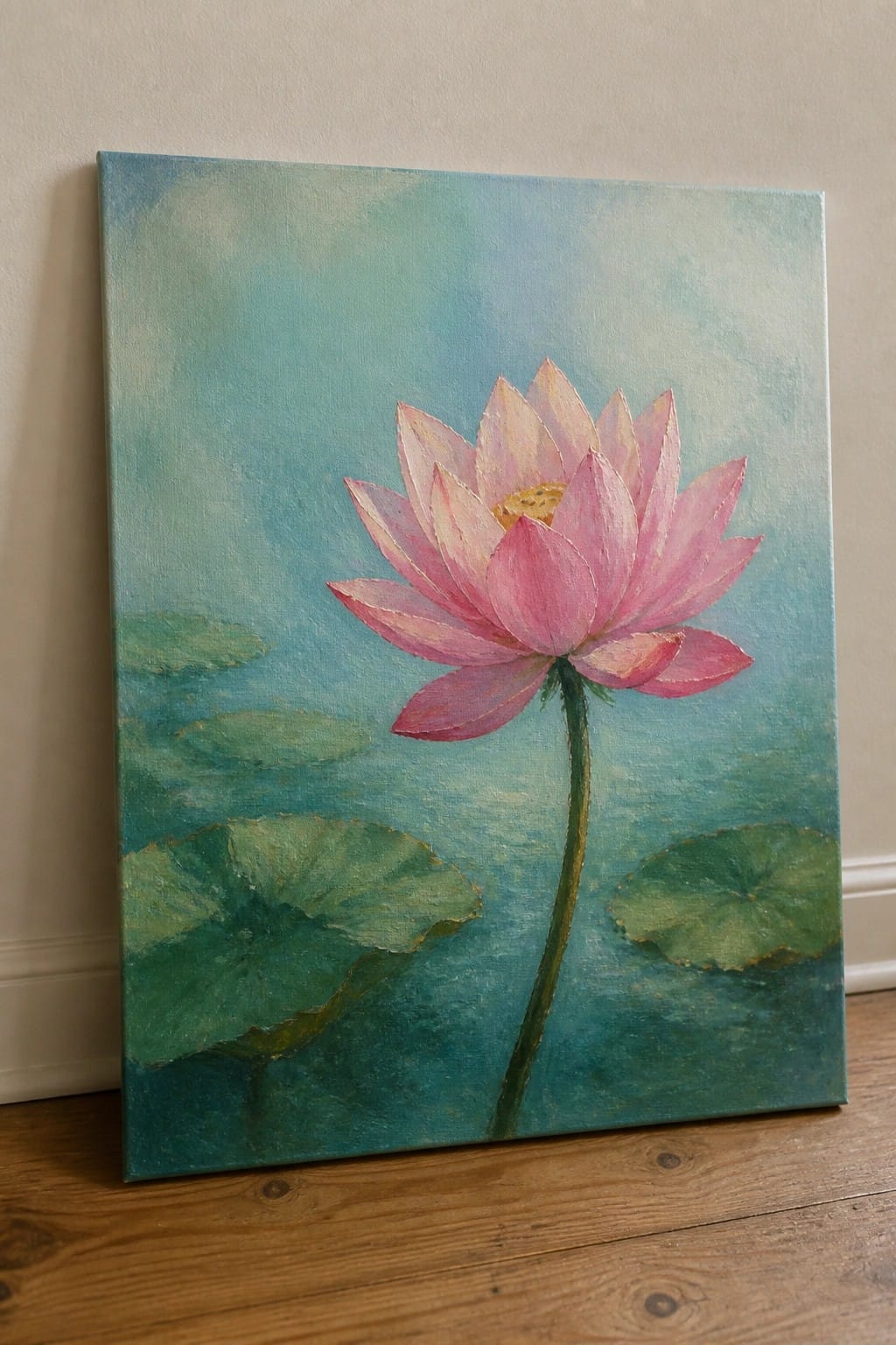 Pink lotus flower painting on canvas leaning against wall on wooden floor