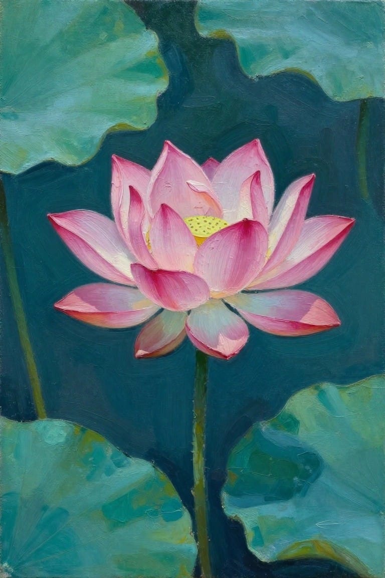 Pink lotus flower blooming with green leaves on dark teal background in painting