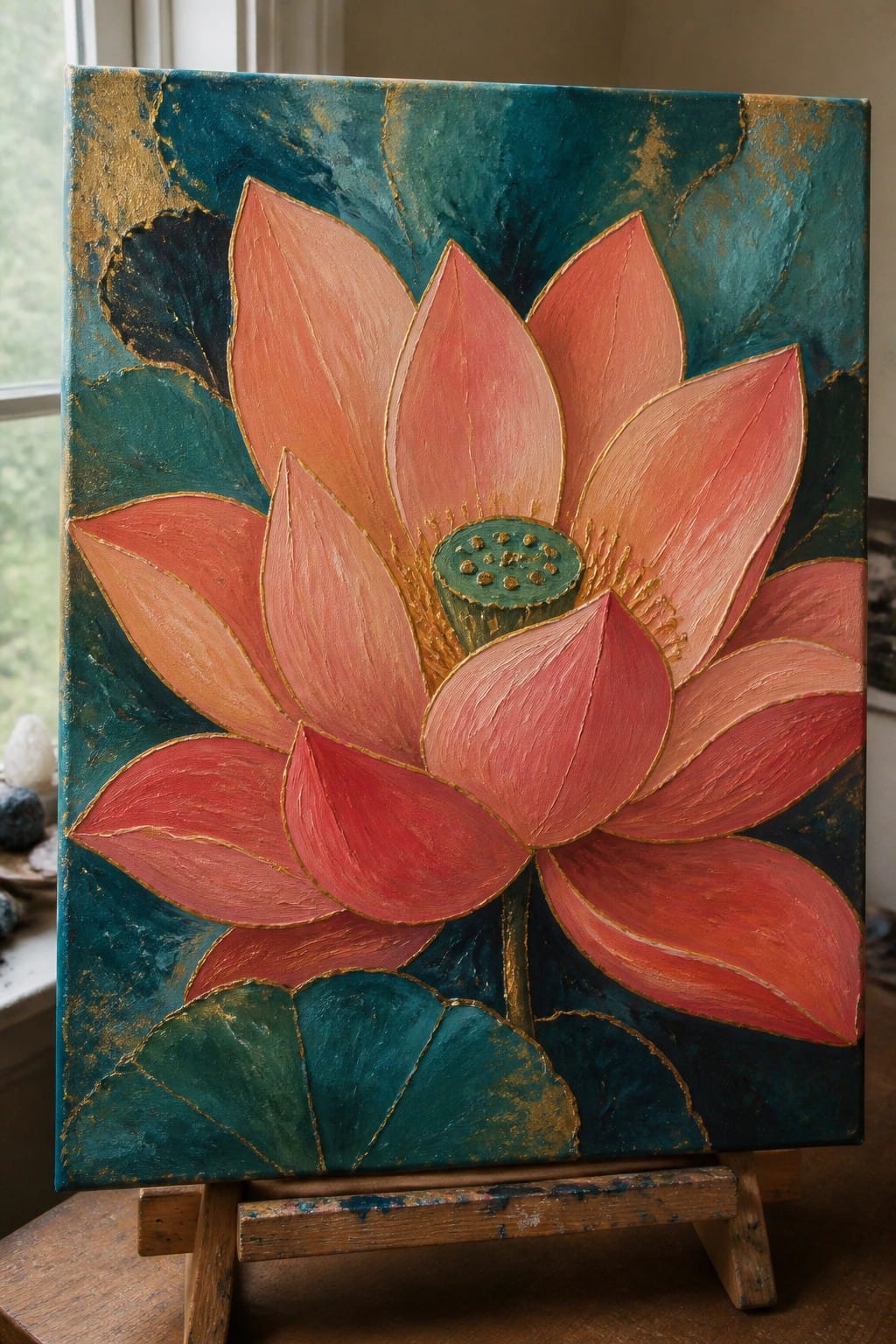 Pink lotus flower painting with gold outlines on textured teal canvas on easel