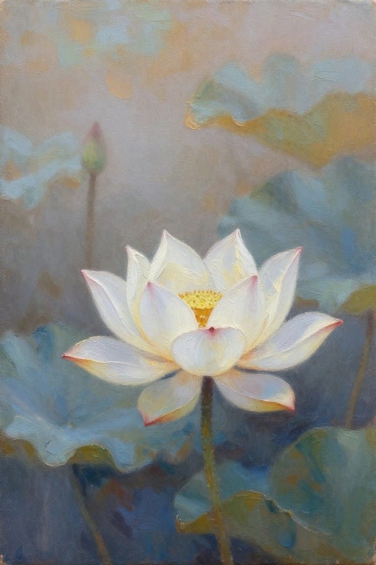 White lotus with pink-tipped petals and yellow center amid blue-green lily pads
