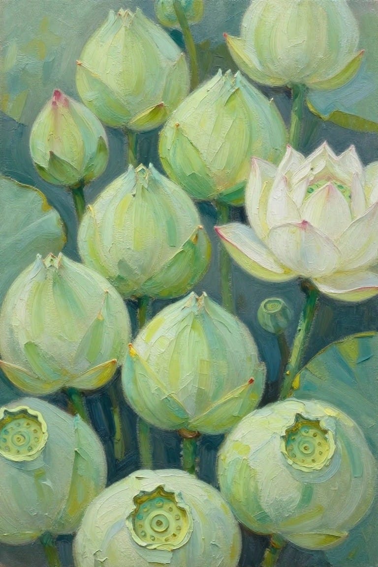 Impasto oil painting of white lotus blooms and pale green buds in soft tones