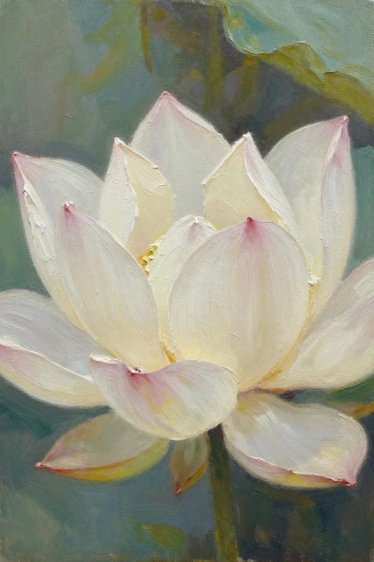 White lotus with pink-tipped petals blooming against soft green foliage.