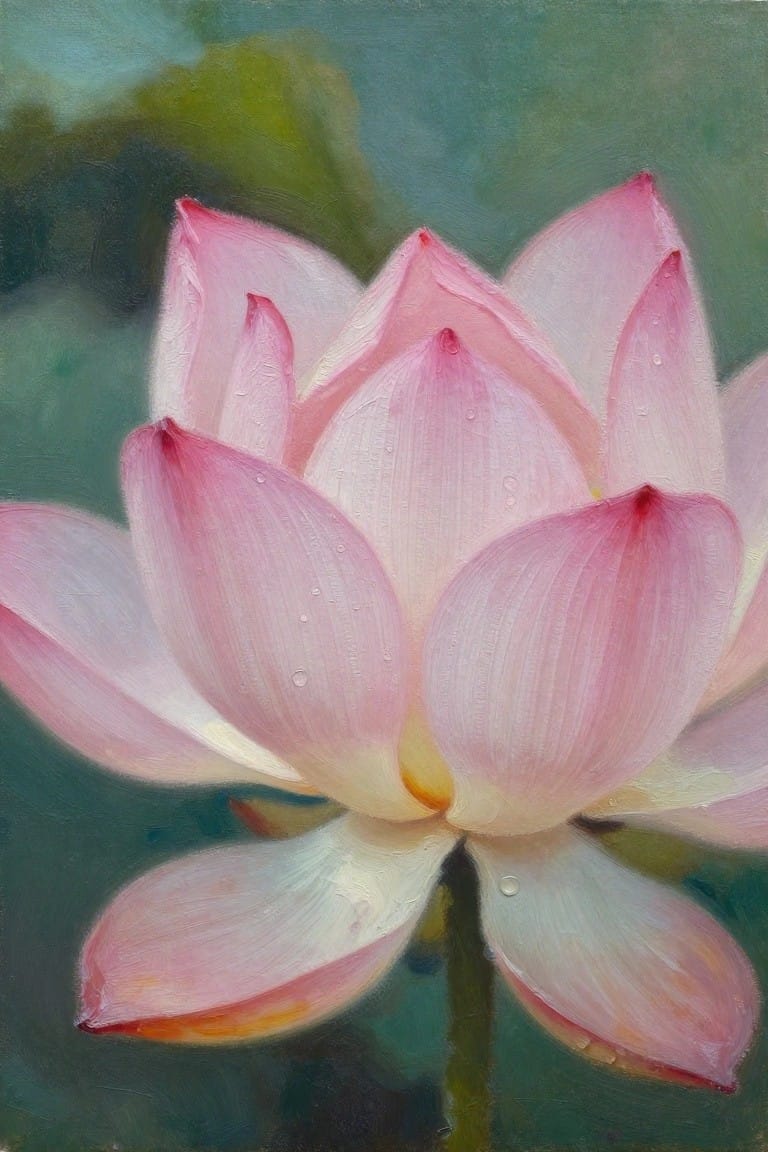 A close-up oil painting of a pink lotus flower with water droplets on its petals against a green background.