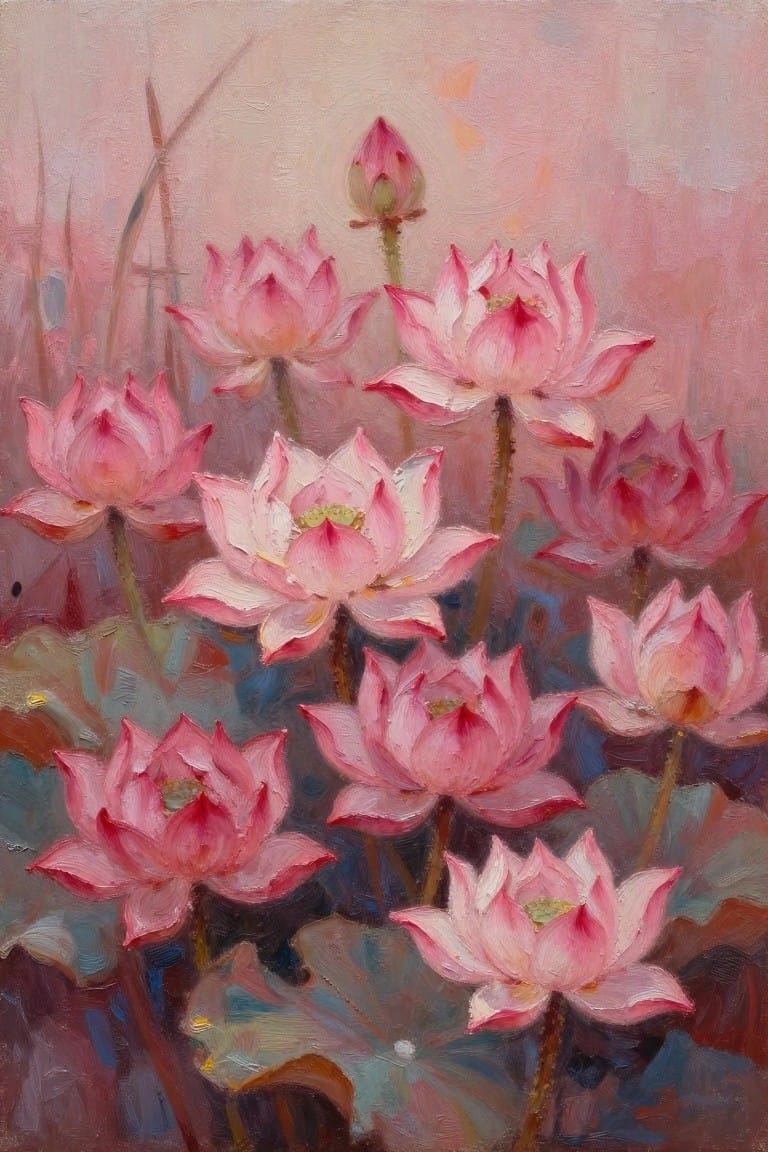 Oil painting of multiple pink lotus flowers and buds with green leaves against a soft pink background.