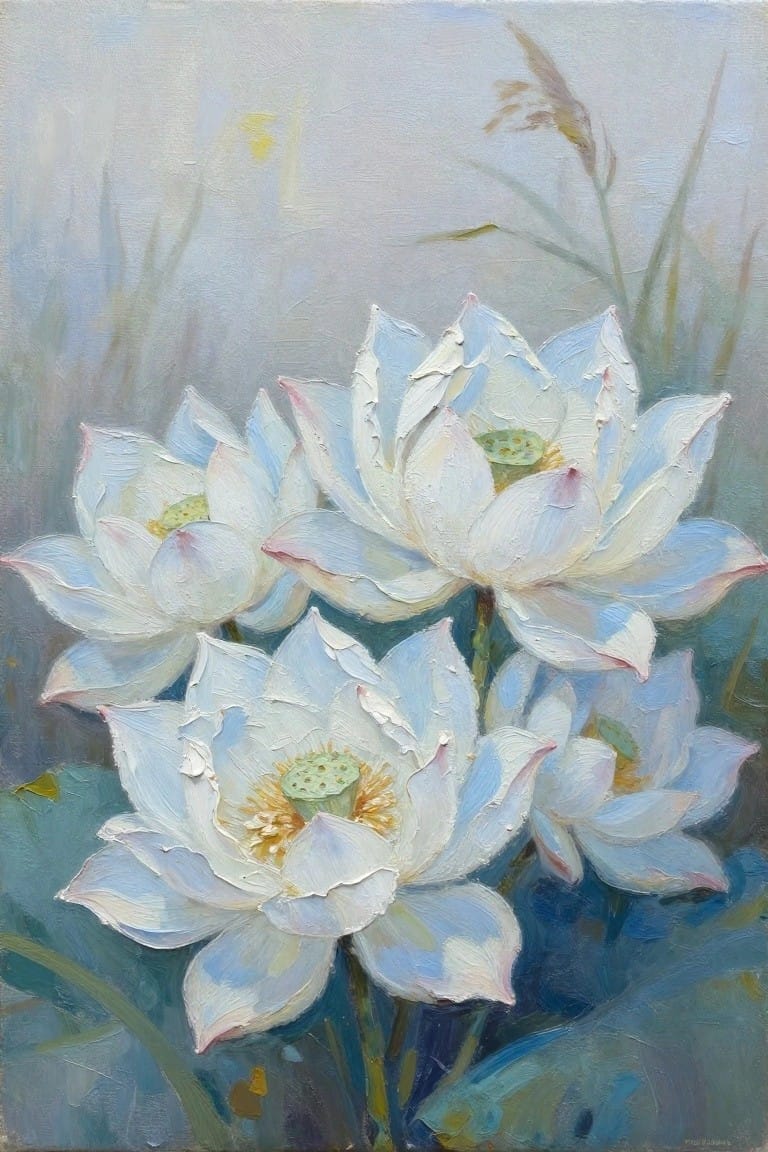 An oil painting of several white lotus flowers with green centers set against a soft hazy blue-gray background.