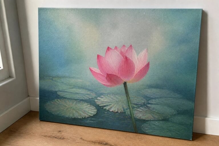 20 Graceful Lotus Flower Oil Painting Ideas Centered Around Tranquil Floral Forms Pink lotus flower painting on canvas leaning against wall on wooden floor