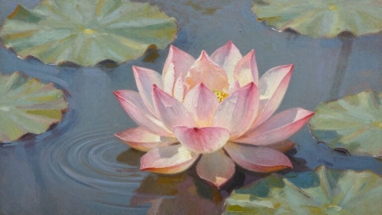 20 Graceful Lotus Flower Oil Painting Ideas Centered Around Tranquil Floral Forms An oil painting of a pink lotus flower floating on blue water with green lily pads around it.