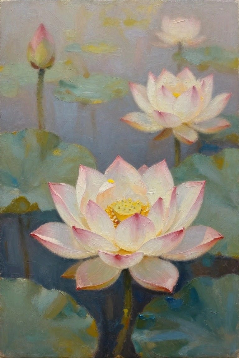 Impressionistic painting of pink and white lotus flowers amid green lily pads