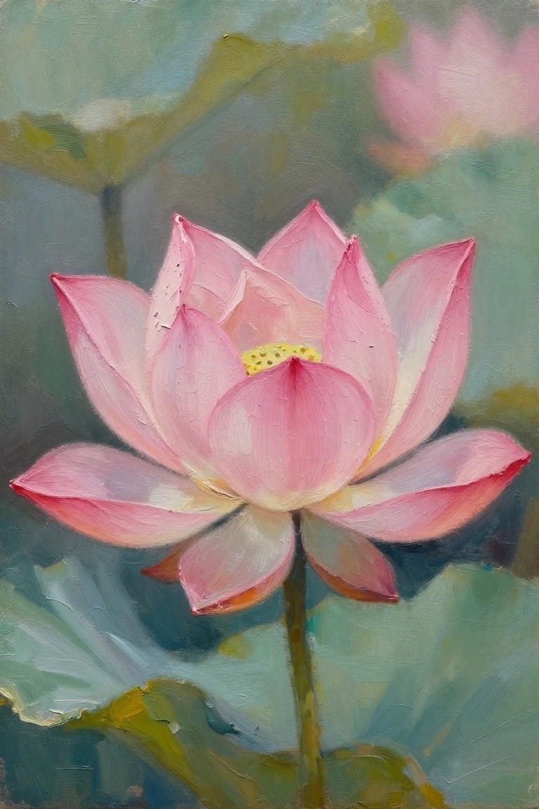 Pink lotus flower with yellow center on green stem amid blurred green foliage