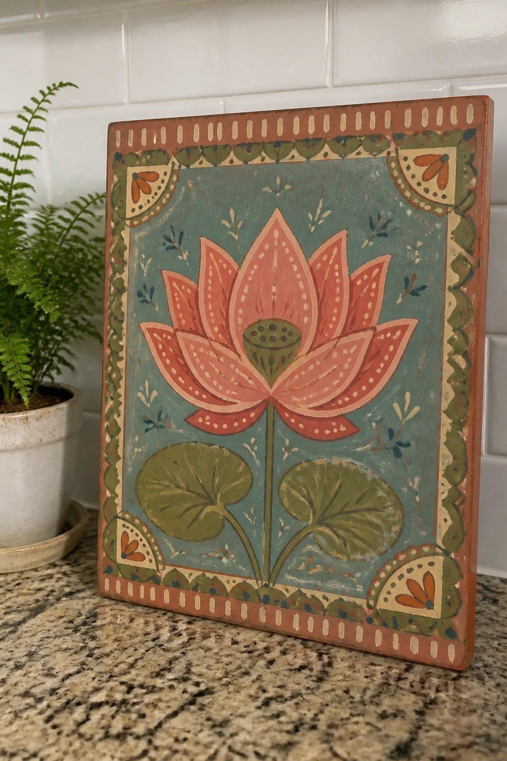 Vibrant pink lotus flower painting on teal wooden panel with ornate border on granite counter
