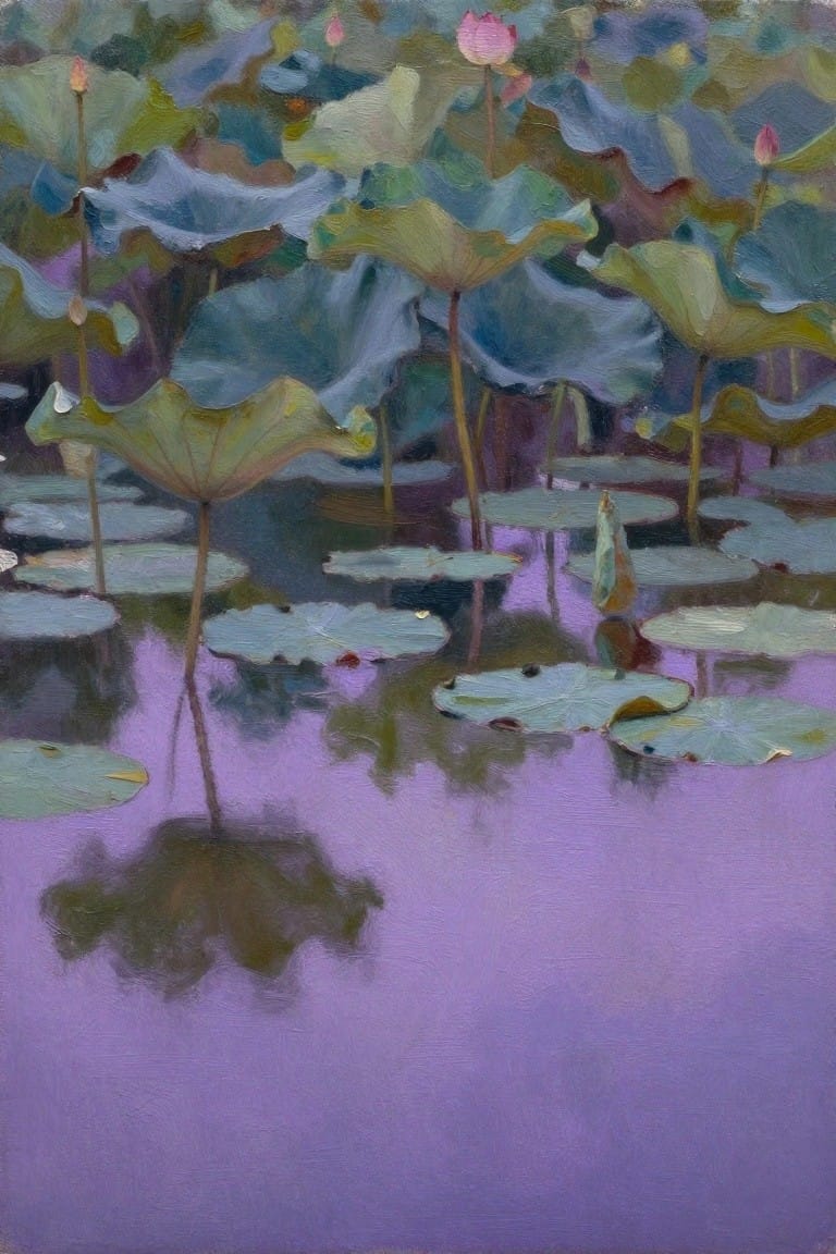 Vibrant painting of pink lotus blooms amid green leaves on purple water