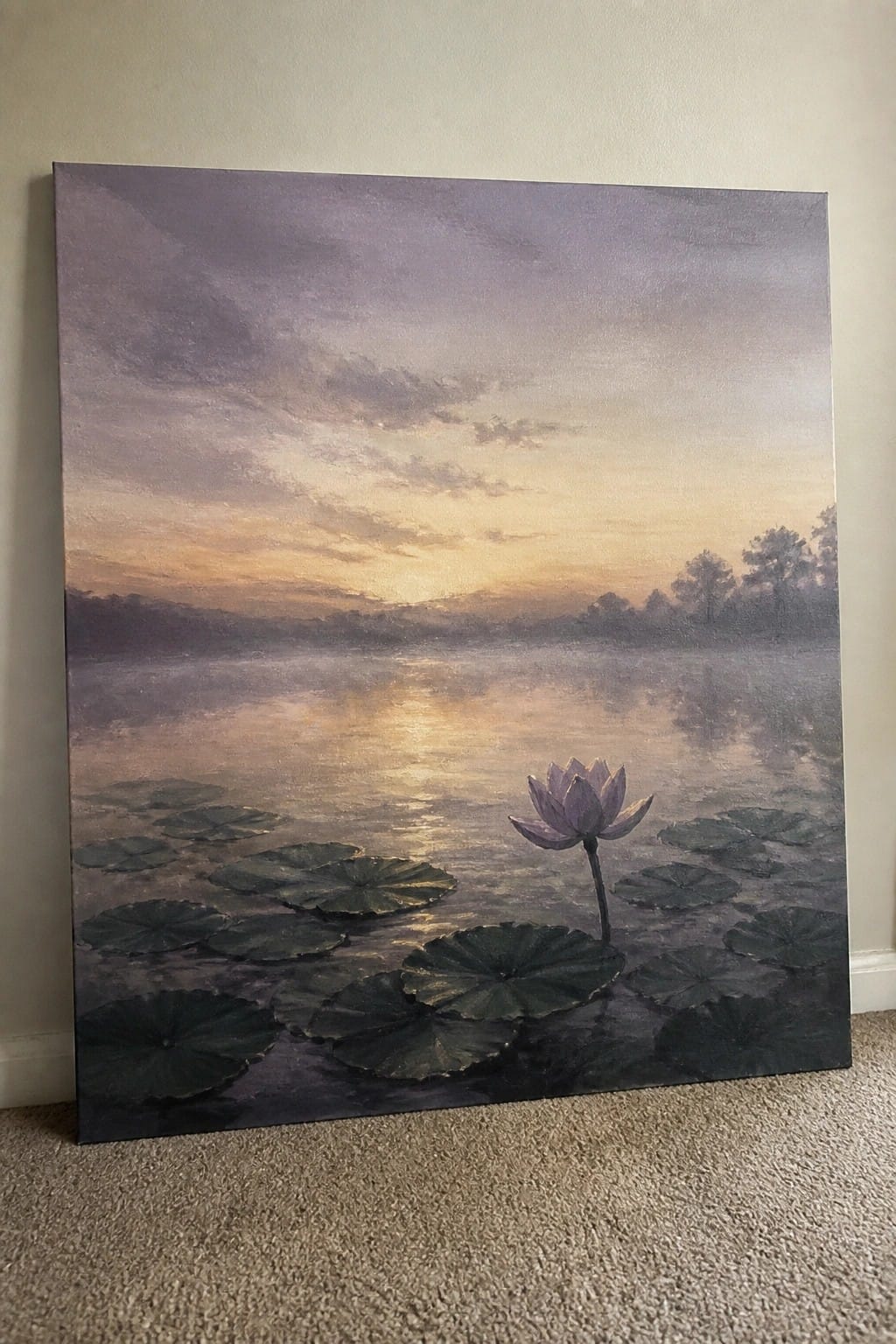 Painting of purple lotus flower with lily pads on misty lake reflecting orange sunset