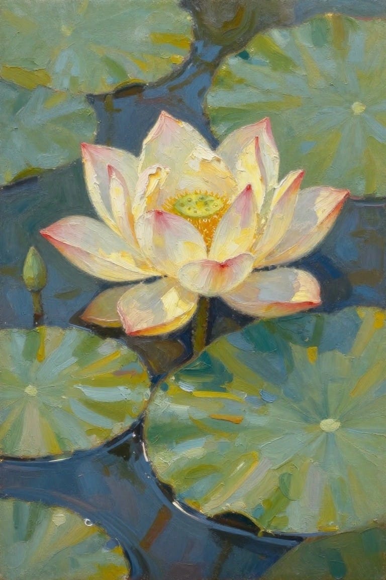 White lotus with pink-tipped petals blooming among green lily pads on blue water